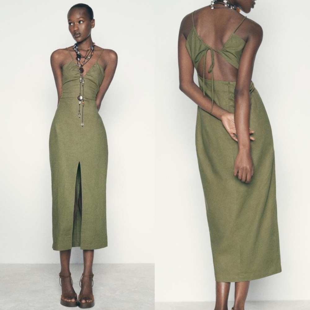Zara Linen Blend Olive Green Midi Dress